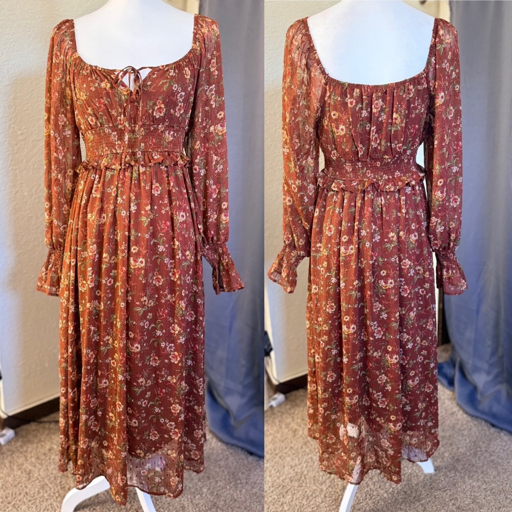 By The River Floral Smocked Midi Dress Rust Cottagecore Small - Picture 7 of 10